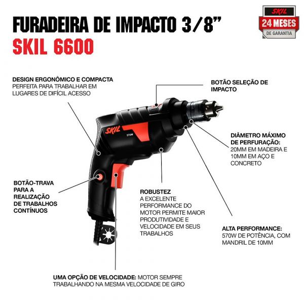 Furadeira Impacto Skil 6600 570W 220V com Chave de Mandril