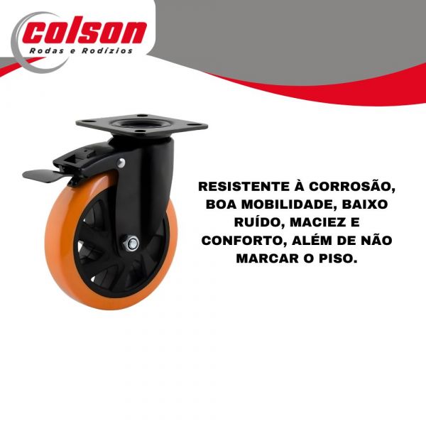 Rodízio 412 Placa Preto Giratório com Freio Roda Polipropileno 90kg Colson