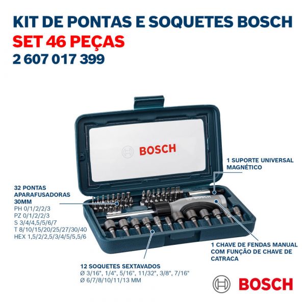 Kit de Pontas e Soquetes para parafusar Bosch com 46 peças Bosch