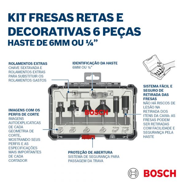 Jogo de fresas Bosch Standard encaixe de 6 mm 6 peças Bosch
