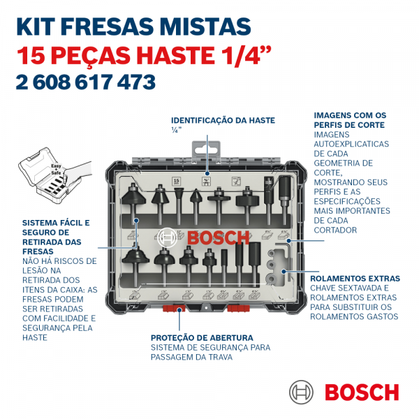 Jogo de Fresas Misto Bosch Standard Encaixe de 1/4