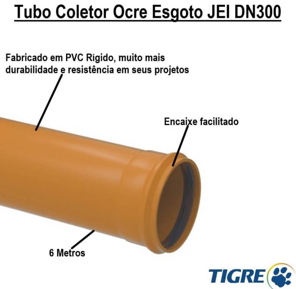 6 Metros de Tubo Coletor Ocre Esgoto JEI DN300 Tigre