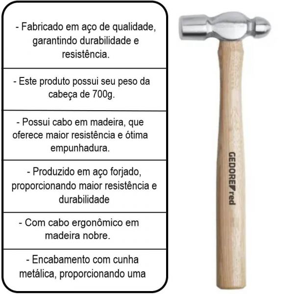 Martelo Tipo Bola 700g Com Cabo Madeira Gedore 