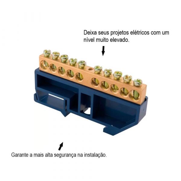 Barramento Terra Neutro DIN Com 10 Ligações E Suporte Azul Tramontina
