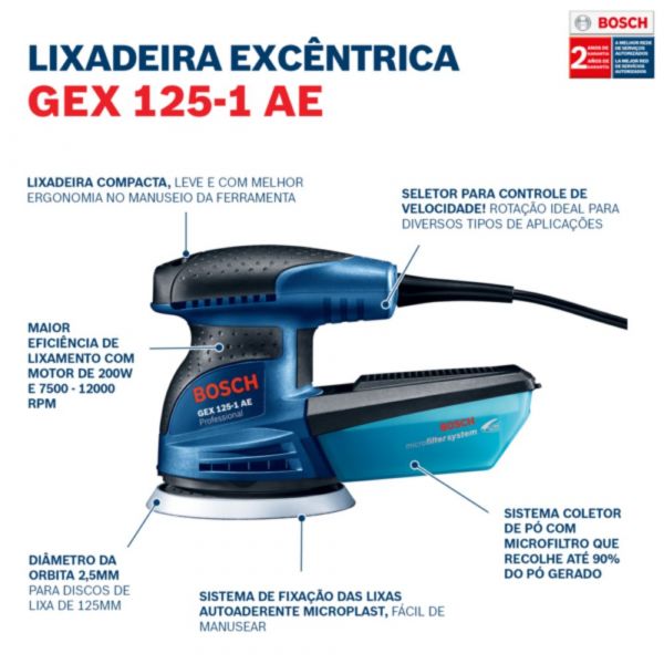 Lixadeira Orbital Bosch GEX 125-1 AE 250W 220V disco de lixa