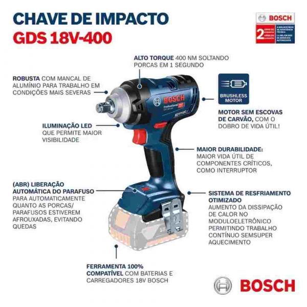 Chave de Impacto Bosch GDS 18V-400 Brushless 18V Sem Bateria maleta