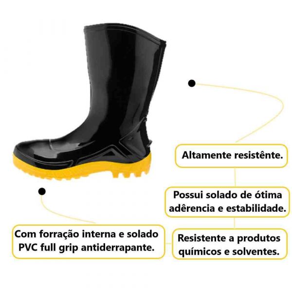 Bota De Borracha Preta Curta Com Solado Amarelo N° 45 Vulcaflex