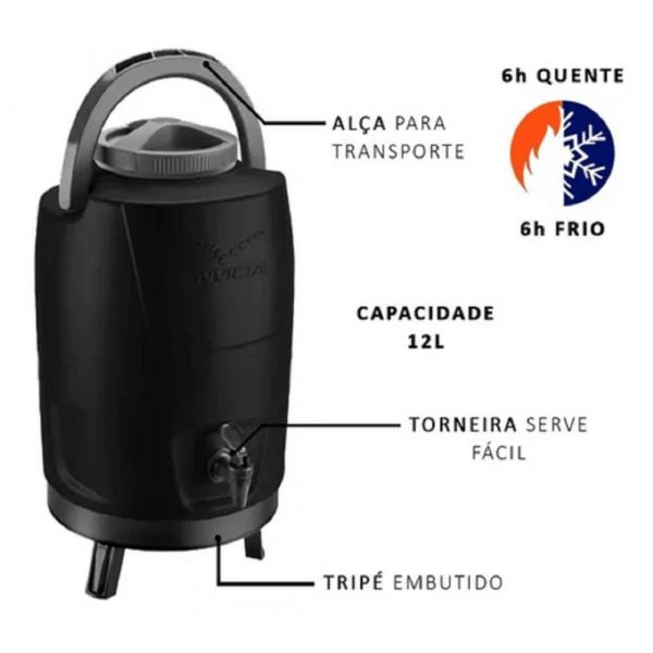 Botijão Térmico 12 Litros com Tripé Preto Invicta 