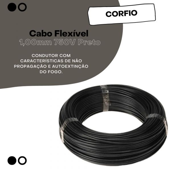 1 Metro Cabo Flexível 1,00mm 750V Preto Corfio