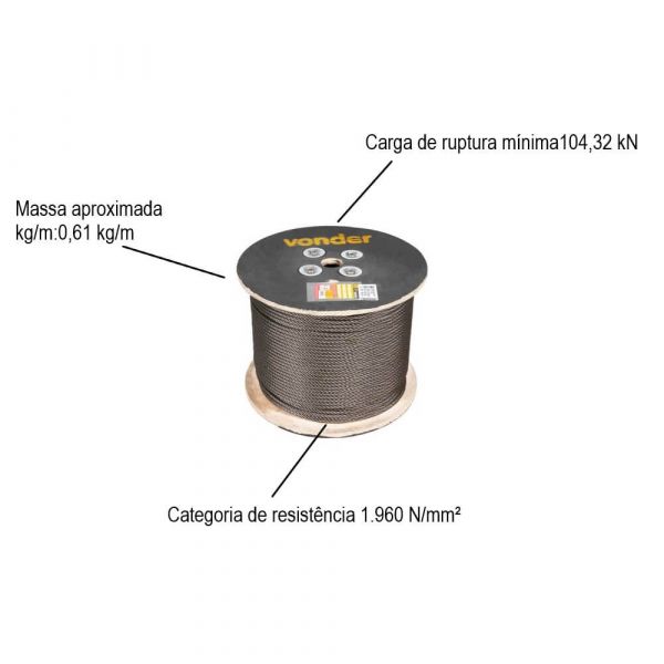 1 Metro Cabo De Aço Polido Alma De Fibra 12,70 mm 1/2