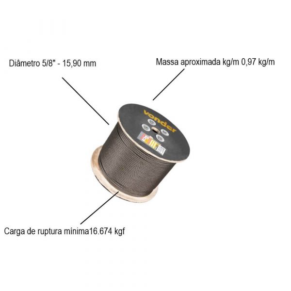 1 Metro Cabo De Aço Polido Alma De Fibra 15,90 mm 5/8