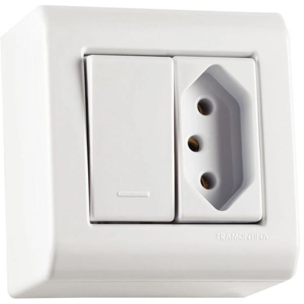 Caixa de Sobrepor com 1 Interruptor Simples 10 A 250 V e 1 Tomada 2P+T 20 A 250 V LizFlex Branca Tramontina