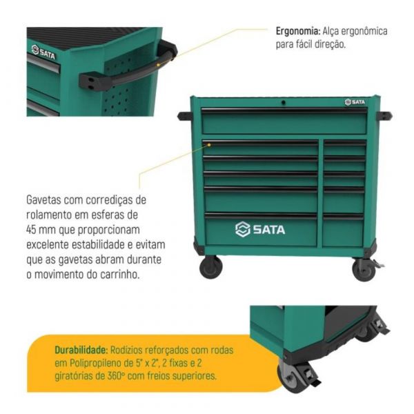 Carro para Ferramentas Profissionais com 11 Gavetas Verde ST95114G Sata