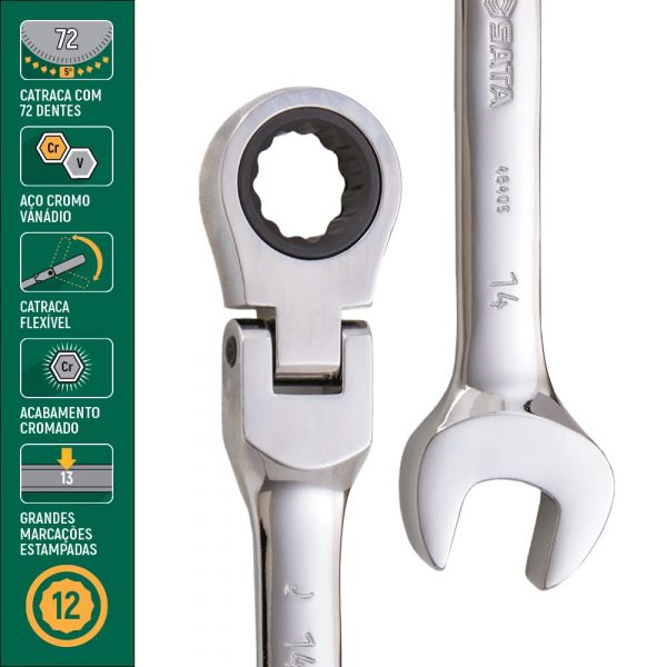Chave Combinada Catraca Cabeça Flexível 14mm Sata 