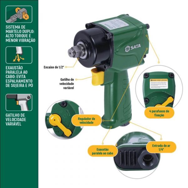 Chave de Impacto Pneumática Compacta 1/2 Pol. 625Nm ST01111 Sata