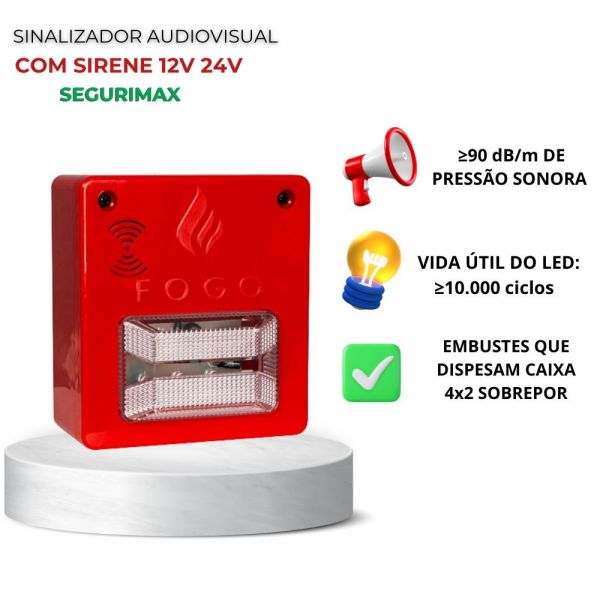 Sinalizador Audiovisual com Sirene 12V 24V Segurimax