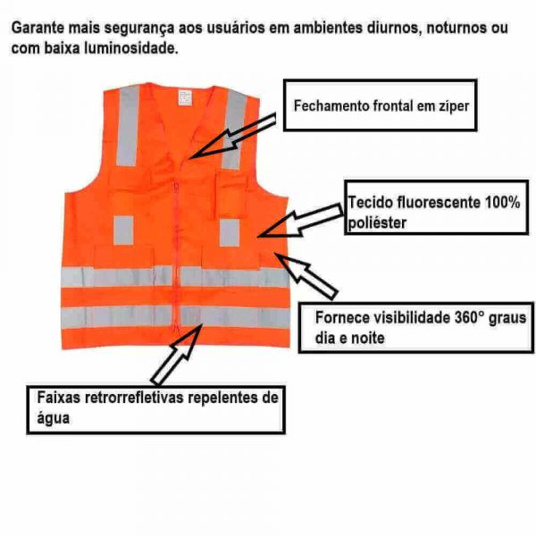 Colete Refletivo Laranja Com Quatro Bolsos Tamanho G Emely