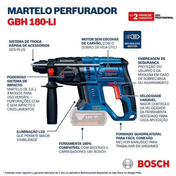 Martelete rompedor a Bateria Bosch GBH 180-LI Brushless 18V Sem Bateria 