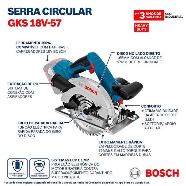 Serra Circular a bateria Bosch GKS 18V-57, 18V Sem Bateria