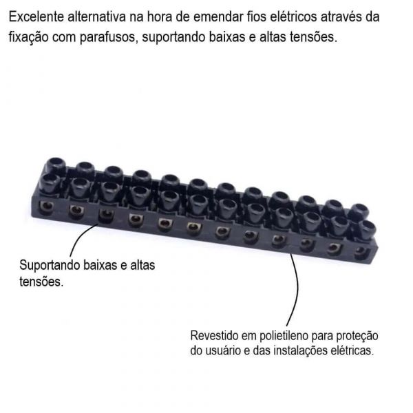 Conector Barra 6mm Com 12 Polos Preto Lukma