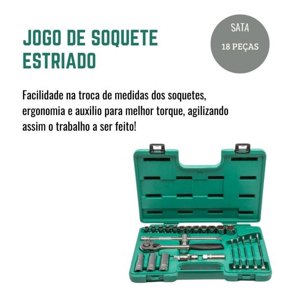Jogo de Soquete Estriado 1/2 pol com 18 Peças- Sata