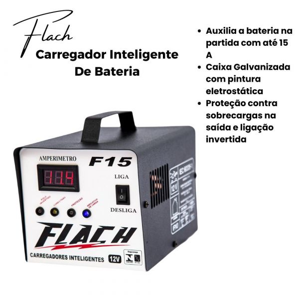 Carregador Inteligente de Baterias F15 Bivolt 15A Com Aux. Partida 12V Flach