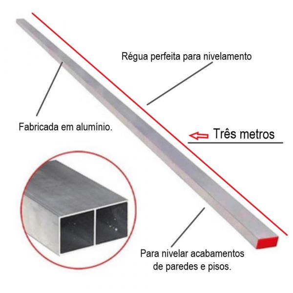 3 Metros de Régua Alumínio Grossa Vermelha Novo Horizonte