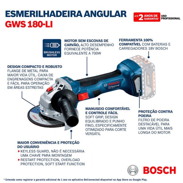 Esmerilhadeira a Bateria Bosch GWS 180-LI Brushless 18V Sem Bateria