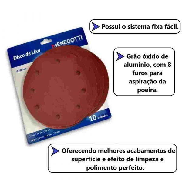 Disco de Lixa Para Parede Com 10 Unidades 180mm Grão 60 Menegotti