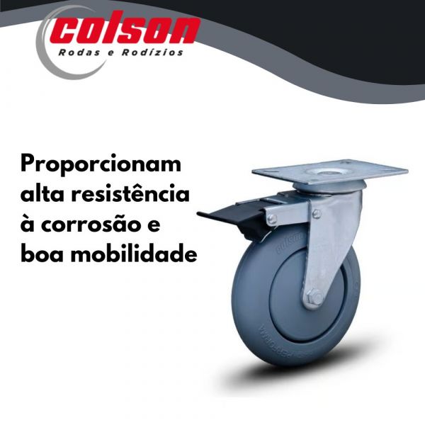 Rodízio Placa Giratória Freio Com Roda de Borracha Plástica 60kg