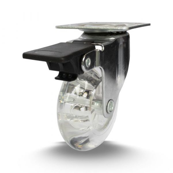 Rodízio Giratório 310 Placa com Freio Roda Poliuretano Transparente 50kg Colson