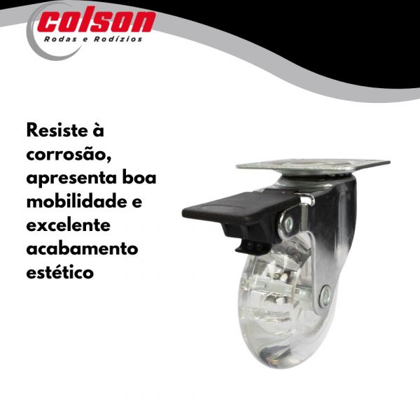 Rodízio Giratório 310 Placa com Freio Roda Poliuretano Transparente 50kg Colson