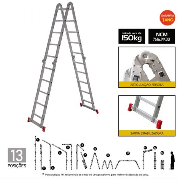 Escada Articulada Alumínio 13 em 5x4 Degraus Botafogo