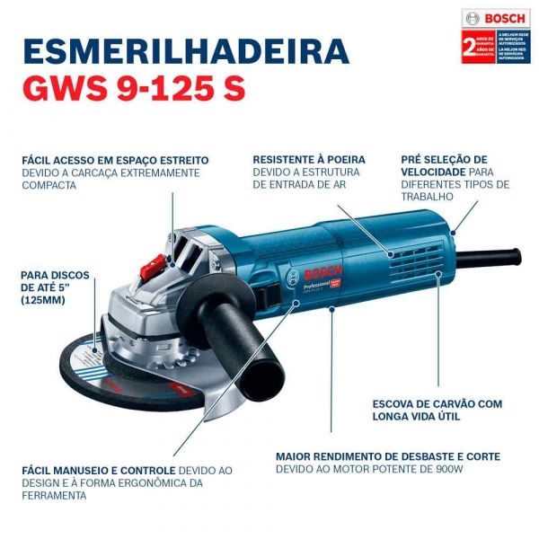 Esmerilhadeira angular Bosch GWS 9-125 S 1,7 kg 900W 220V