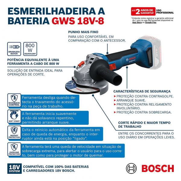 Esmerilhadeira sem Bateria GWS 18V-8 Bosch