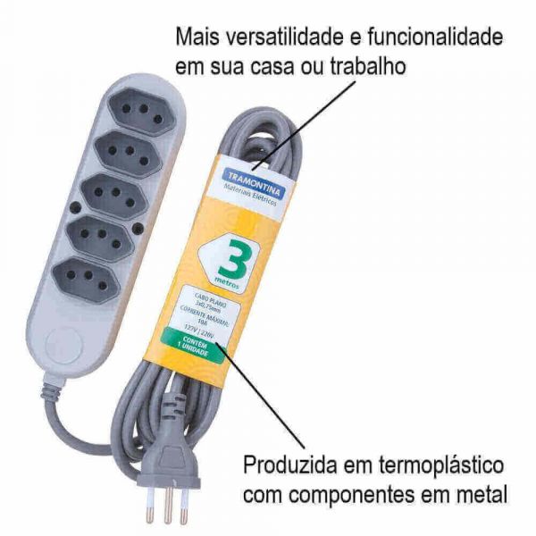 Extensão Com 5 Tomadas 2P+T 10 A 250 V 3 Metros Tramontina