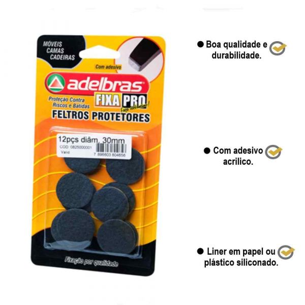 Feltro adesivo 3cm com 12 Unidades Adelbras
