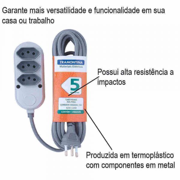 Extensão Elétrica 2P+T 10 A 250 V Com 3 Tomadas 5 Metros Tramontina 