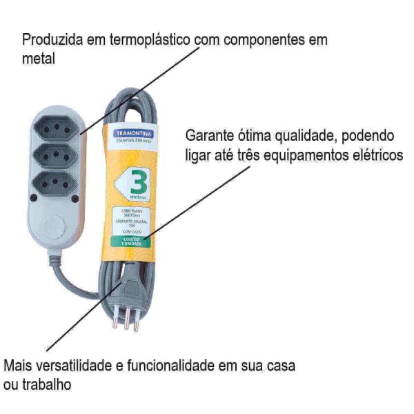 Extensão Com 3 Tomadas2P+T 10 A 250 V 3 Metros Tramontina
