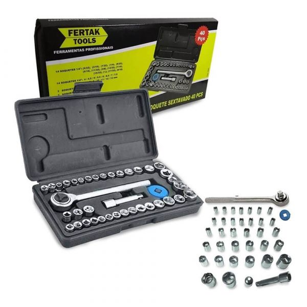 Jogo de Soquete Sextavado Com Chave Catraca 40 Peças Fertak