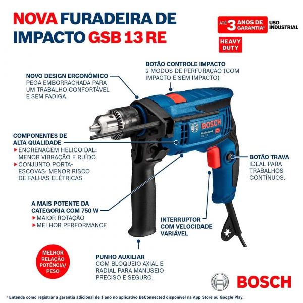Furadeira de Impacto Bosch GSB 13 RE 650W 220V