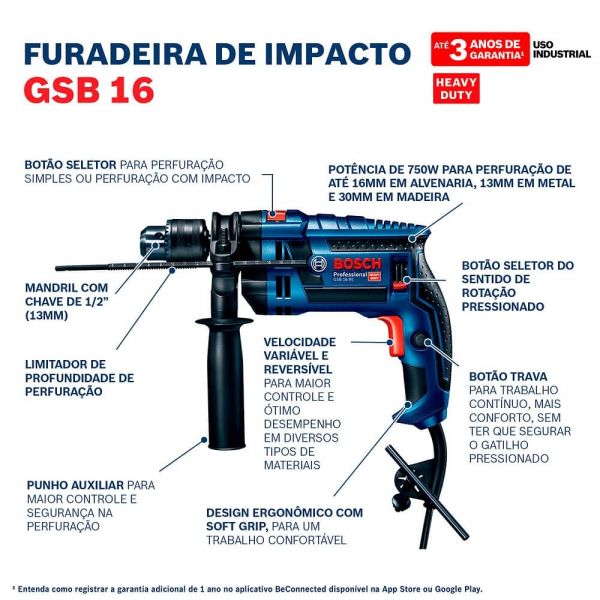 Furadeira de Impacto Bosch GSB 16 RE 750W 220V em Maleta