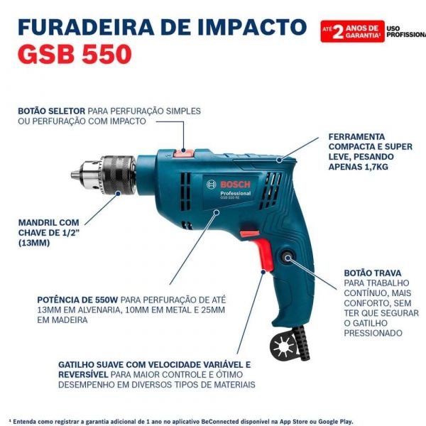 Furadeira de Impacto Bosch GSB 550 550W 220V com Maleta