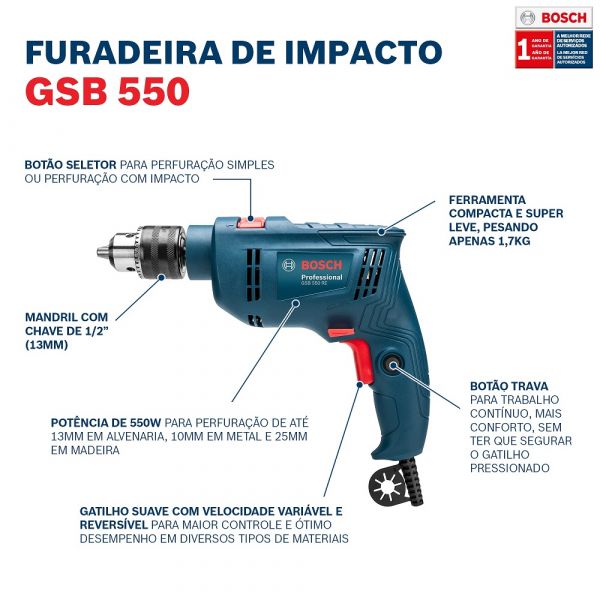 Furadeira de Impacto Bosch GSB 550 550W 220V 14 Acessórios