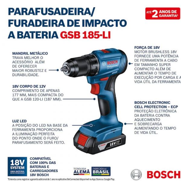 Furadeira Parafusadeira Impacto 18V Bosch GSB185LI-1BX Sem Fio, 1 bateria 23 AC
