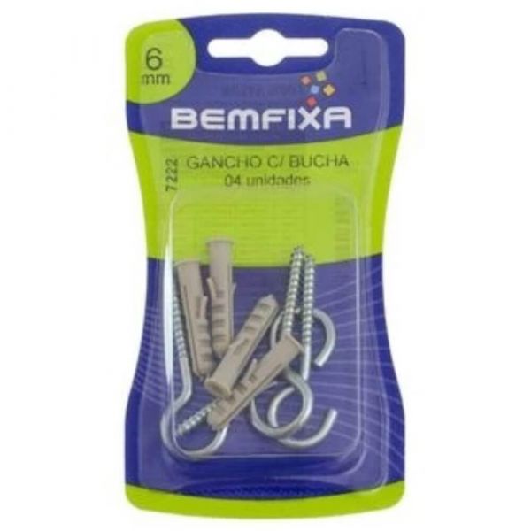 Gancho Com Bucha 4 Unidades 6mm Bemfixa