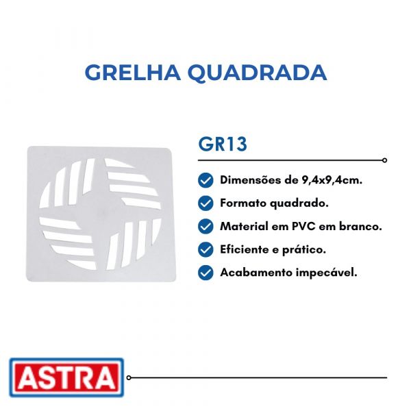 Grelha Quadrada GR13 9,4 x 9,4cm PVC Branco Astra