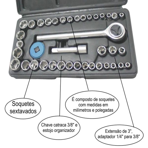 Jogo de Soquete Sextavado Com Chave Catraca 40 Peças Fertak