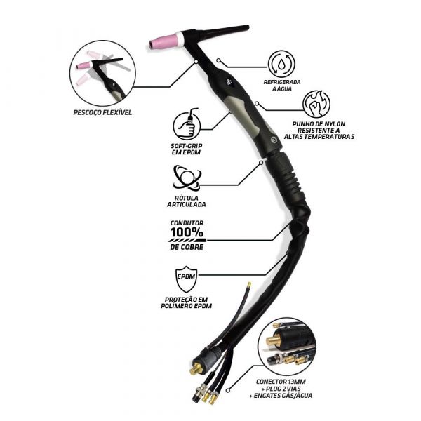 Tocha Tig 18HF Flexível Refrigerada 350 Amperes 3 Metros Tork