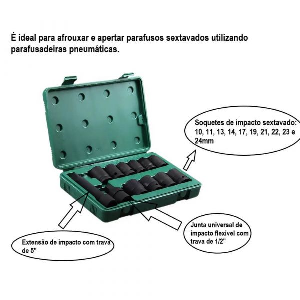 Jogo De Soquete Impacto Sextavado Com Encaixe 1/2